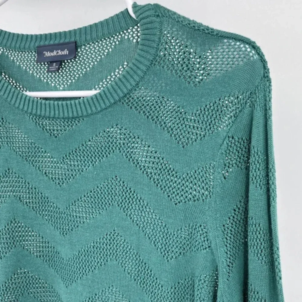Modcloth Sweater Womens‎ S Green Crochet Knit Sheer Long Sleeve Pullover Casual
